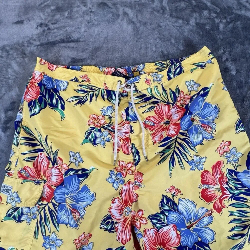 Polo Ralph Lauren Sz 4XL Tall Floral Hibiscus Yellow Hawaiian Swim Trunks Pocket